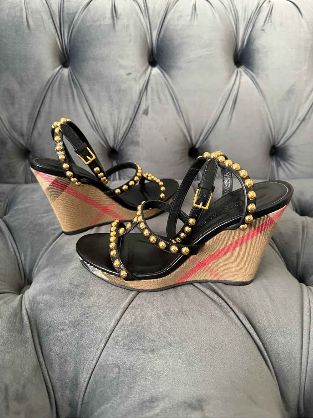 Worn Once! Burberry Black Strappy Studded Check Wedge Sandals